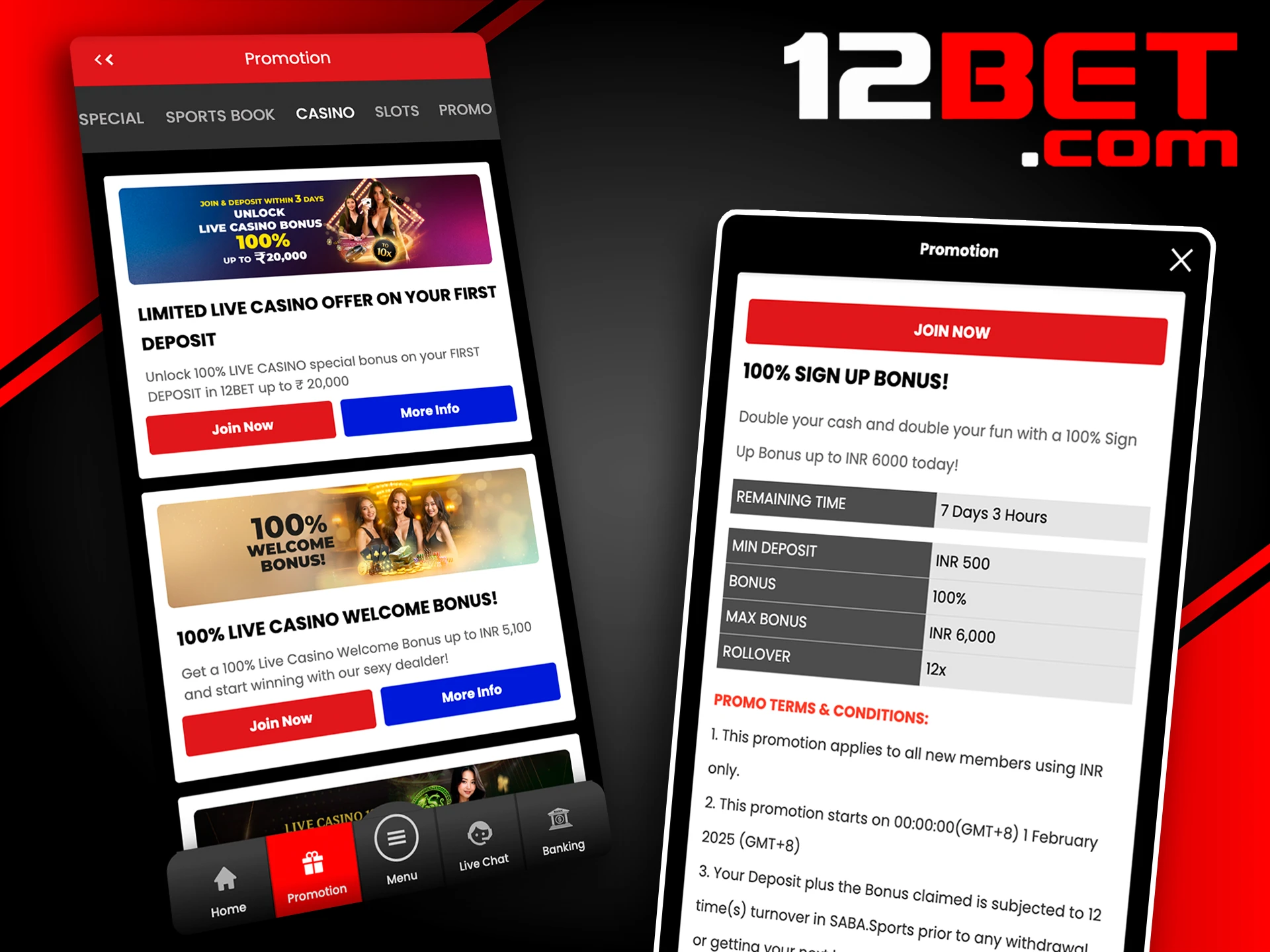 Download the 12Bet app to place your bets and manage your bonuses on the go.