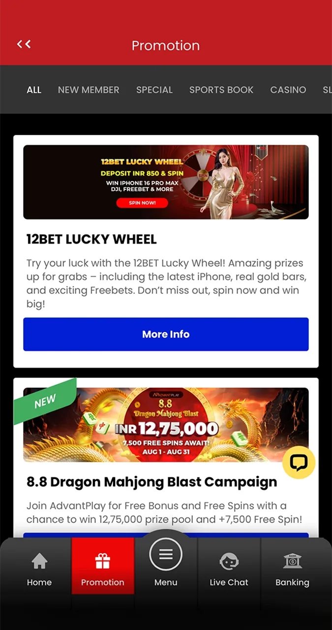 Keep track of the most rewarding bonuses and promos directly in the app.