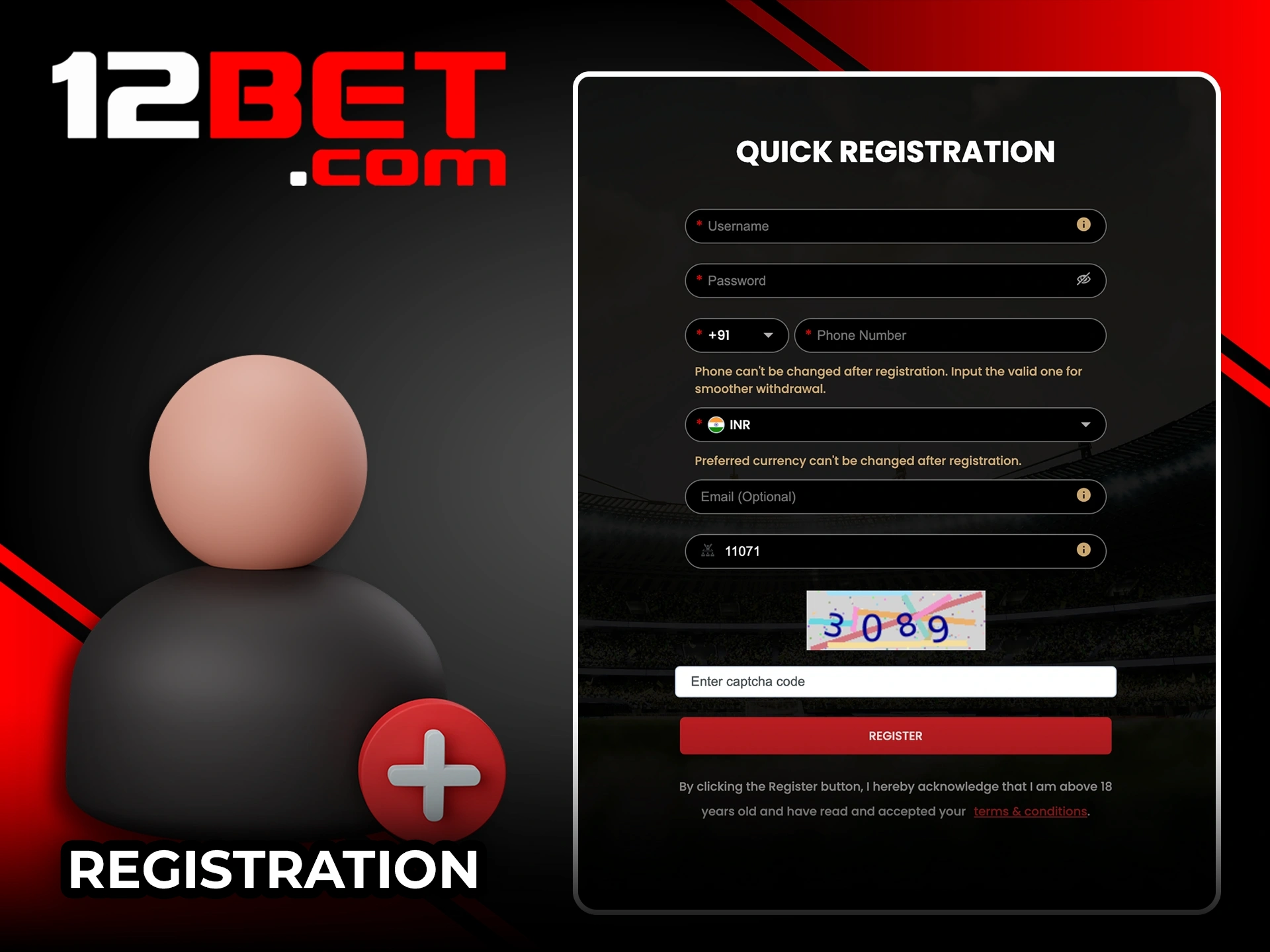 Set up your personal 12Bet betting profile in just a few clicks.