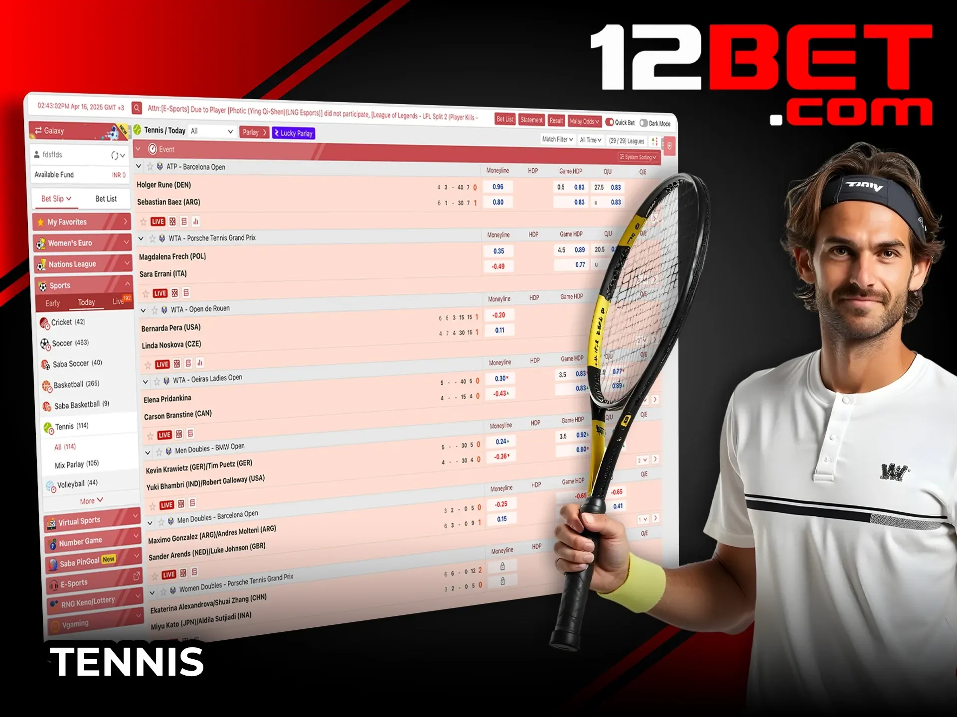 Predict the final score or back a champion in 12Bet tennis matches.