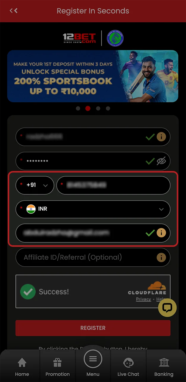 Fill out the required information to complete your 12Bet sign-up.